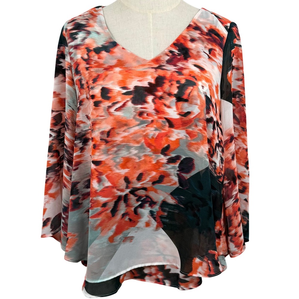 Jennifer Lopez XS Blouse Orange Abstract Floral Split Bell Sleeve High Low Artsy